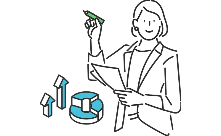 長期的な成長と分析を表す、上昇グラフと女性コンサルタントのイラスト